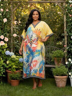 Women Plus Size Yellow Leaf Printed Caftan Dress Plus Size Moo Moos Dresses